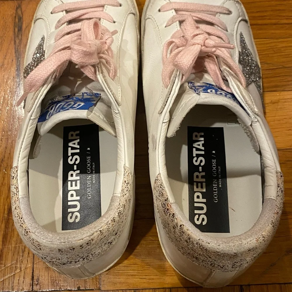 Authentic Golden Goose White Sneakers with Pink Laces and Glitter Star - Picture 6 of 10